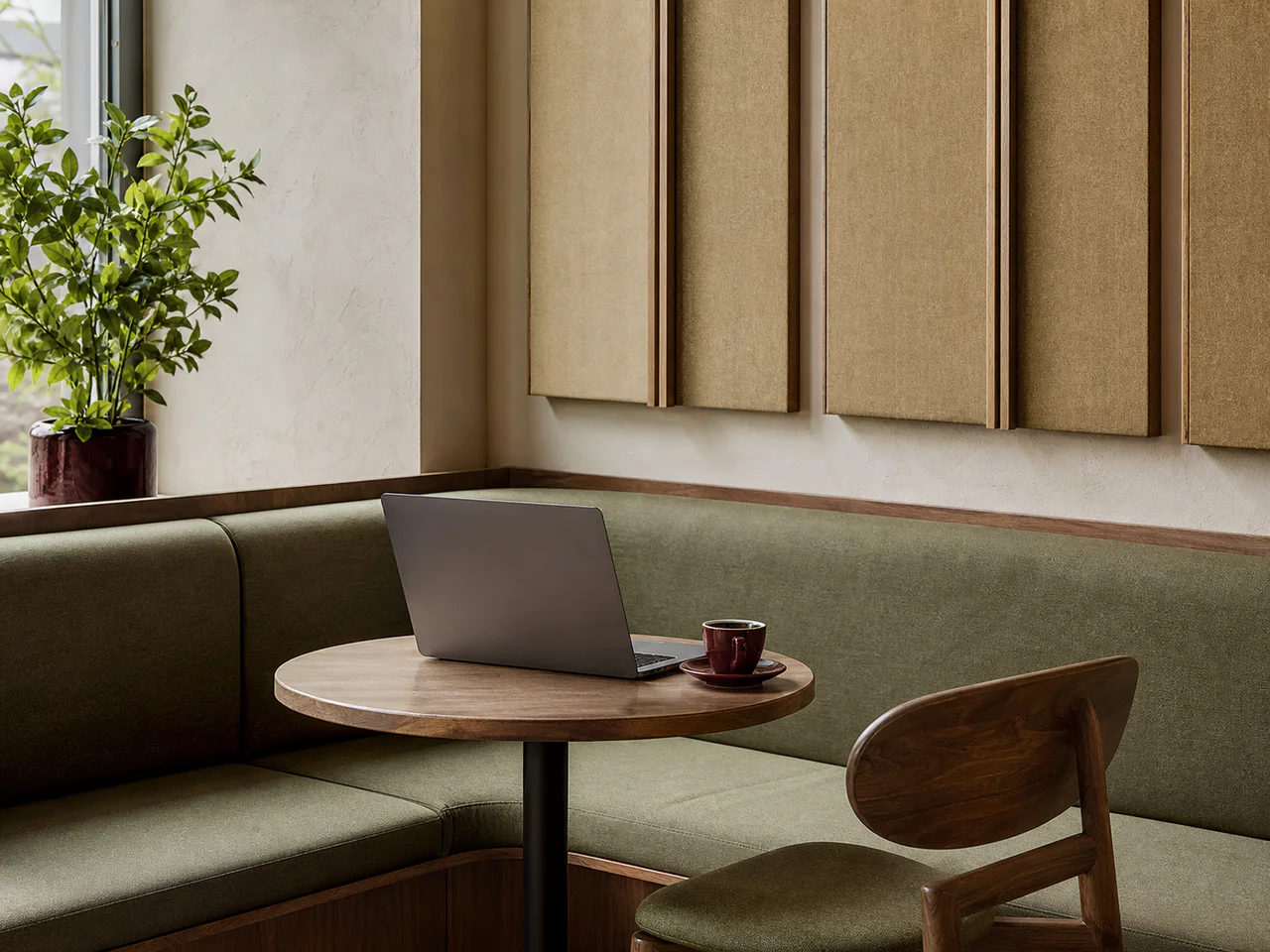 Ahşap masada laptopla sessiz bir kafe köşesi