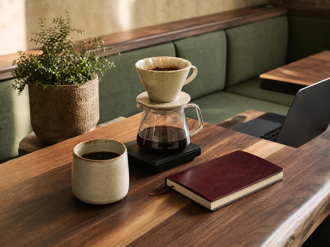 Cam kenarında demleme kahveli aydınlık kafe masası