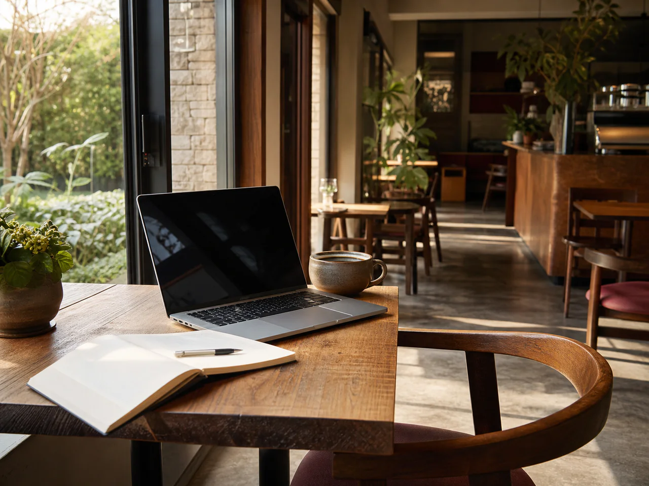 Laptoplarla dolu canlı bir kafe çalışma alanı