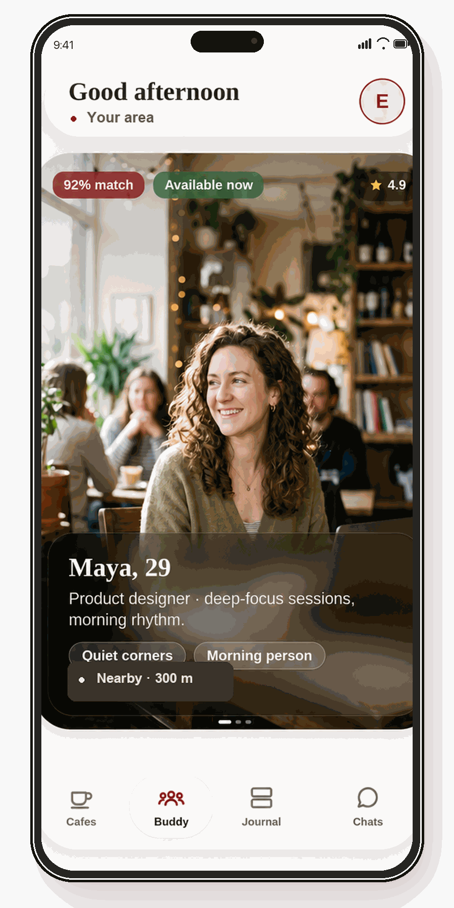 FinCaffe Buddy profile with availability and work rhythm details
