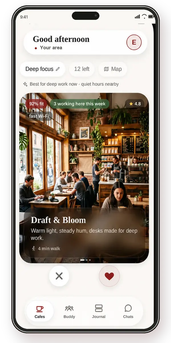 FinCaffe app — cafe discovery screen