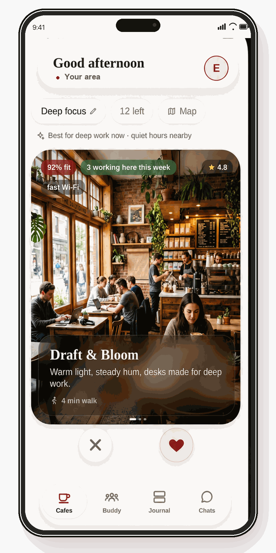 FinCaffe cafe discovery screen with live work signals