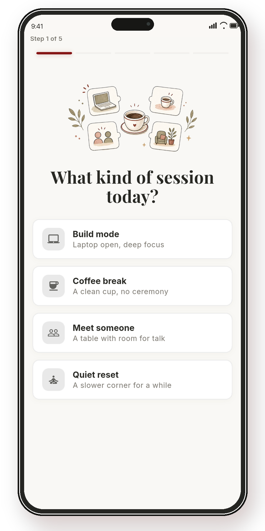 FinCaffe session setup screen asking what kind of session you need