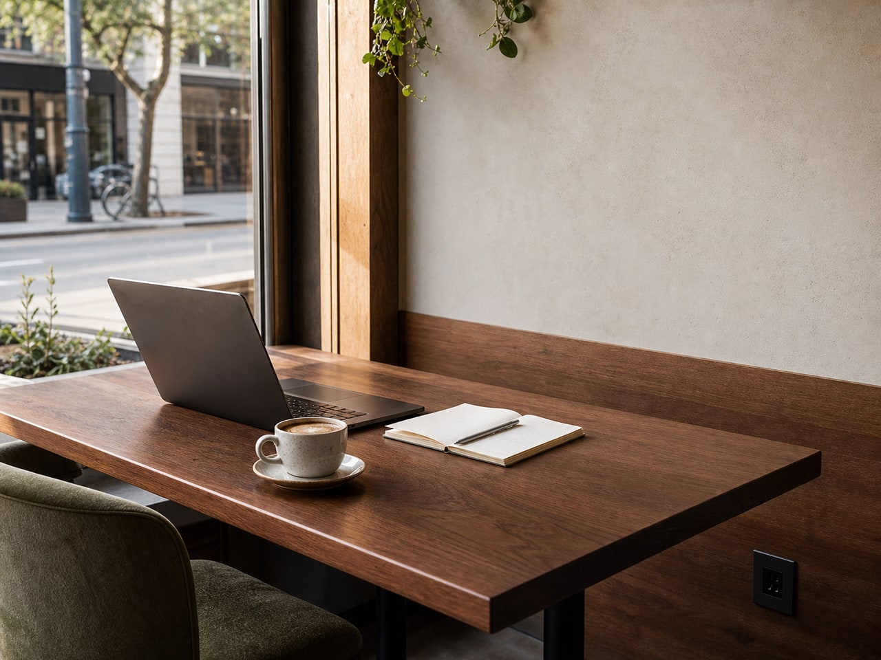 Sunlit cafe work table with laptop, notebook, coffee and a nearby outlet
