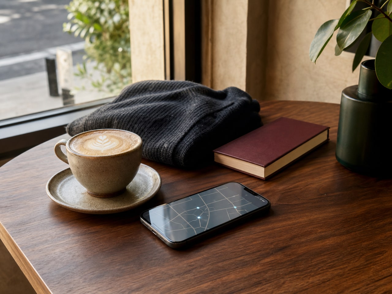 Cafe table with coffee, notebook and a phone showing an abstract nearby map