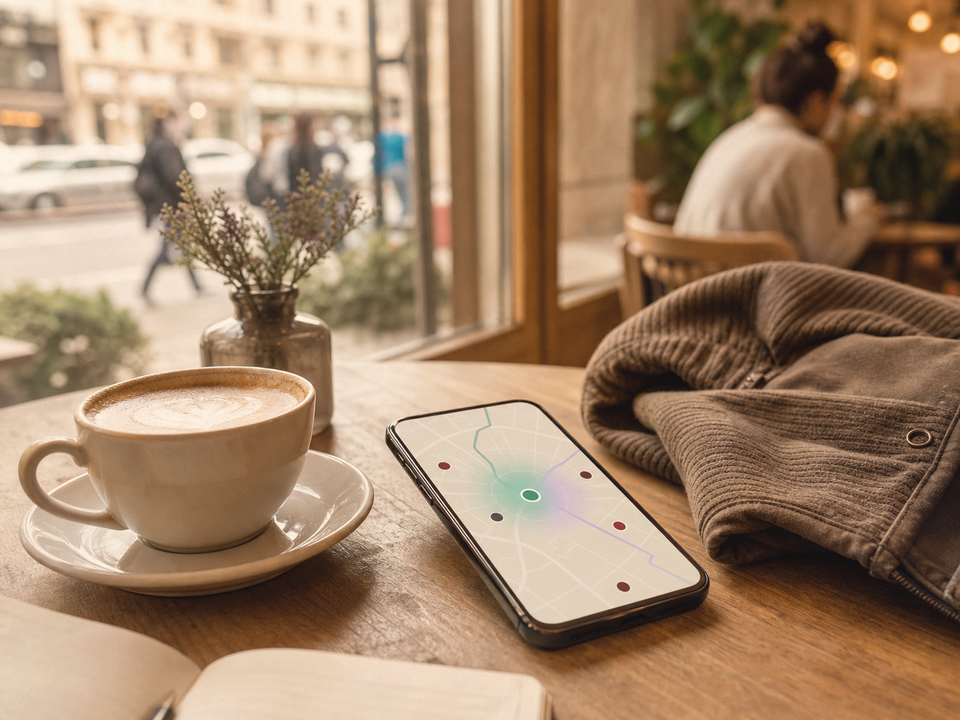 FinCaffe privacy and location controls shown as a calm map-based illustration