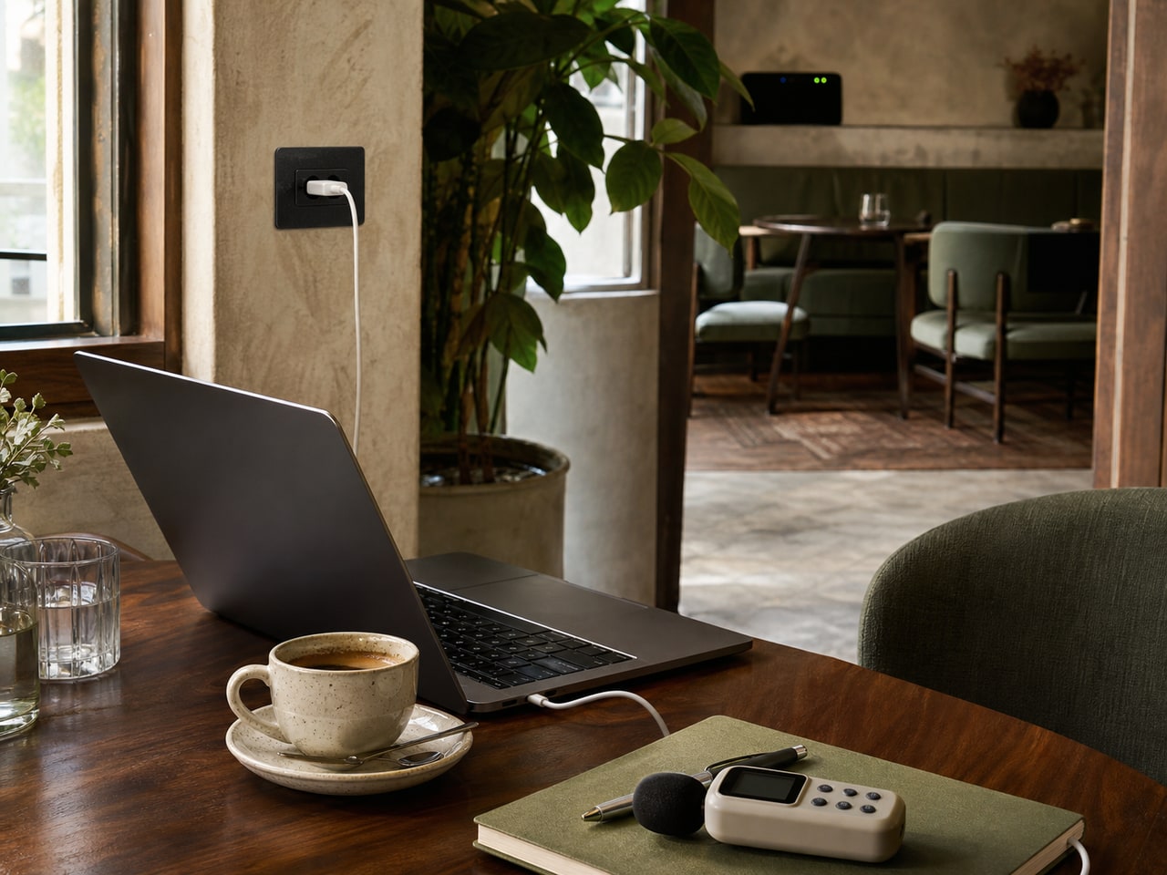 Cafe work table with laptop, outlet, coffee and signal measurement tools
