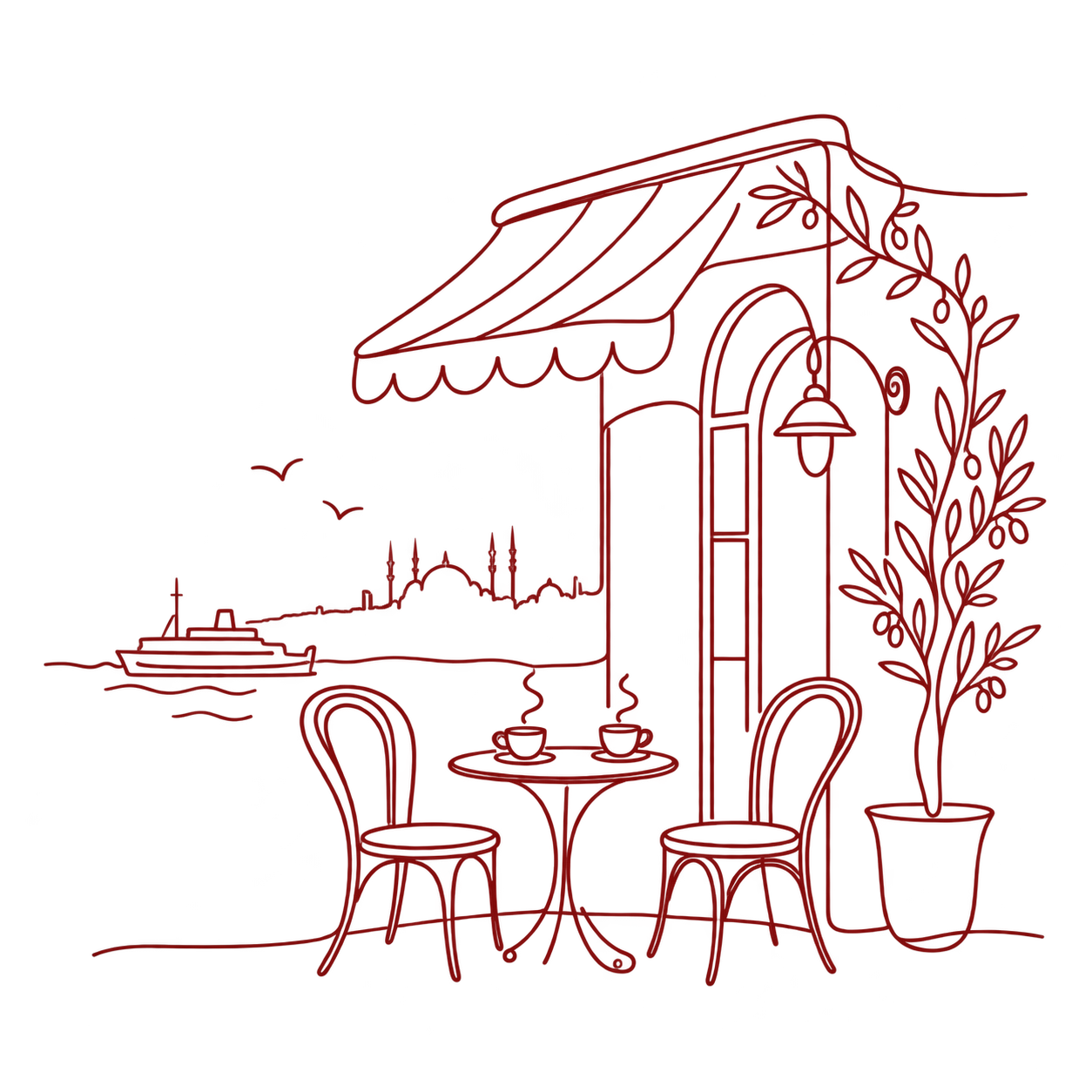A hand-drawn coffee illustration in burgundy